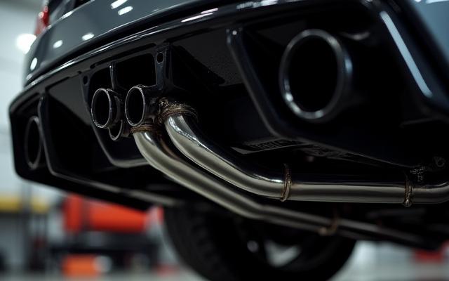 Sistema di scarico ad alte prestazioni in acciaio inossidabile montato su un'auto sportiva.